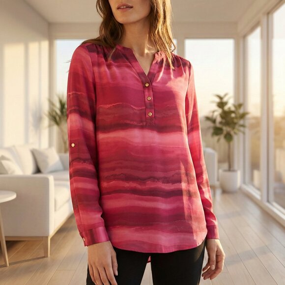investments petite Tops - Investments Petite V-Neck Blouse – Pink/Burgundy – SP